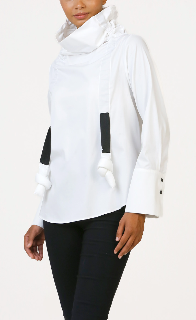 High Collar Gathered Blouse - White